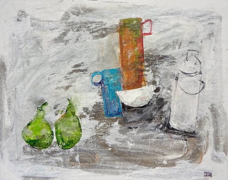 Still life with Two Pears, Acrylic and Ink on Canvas