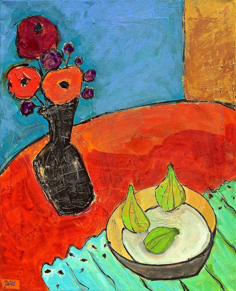 Still Life with Three Green Figs, Acrylic and Ink on Canvas