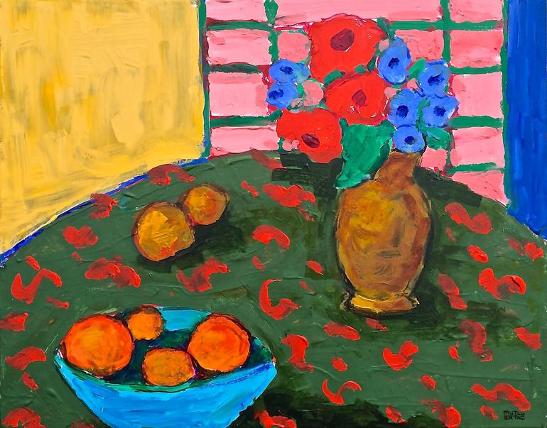 Bowl of Fruits on Table, Acrylic and Ink on Canvas