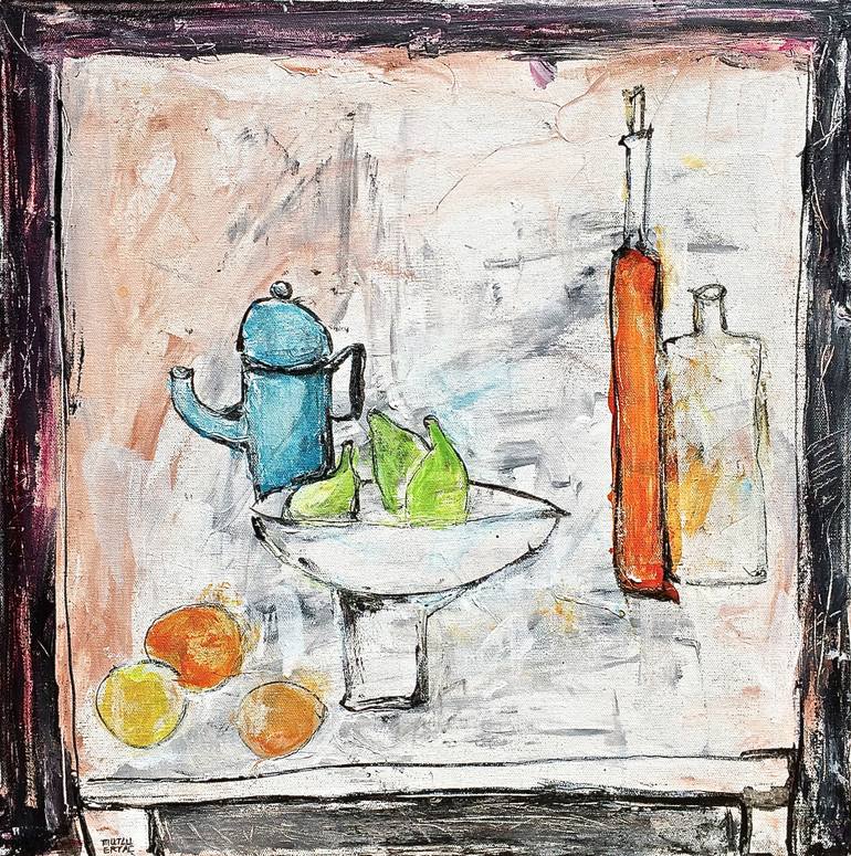 Orange Bottle on Table, Acrylic and Ink on Canvas