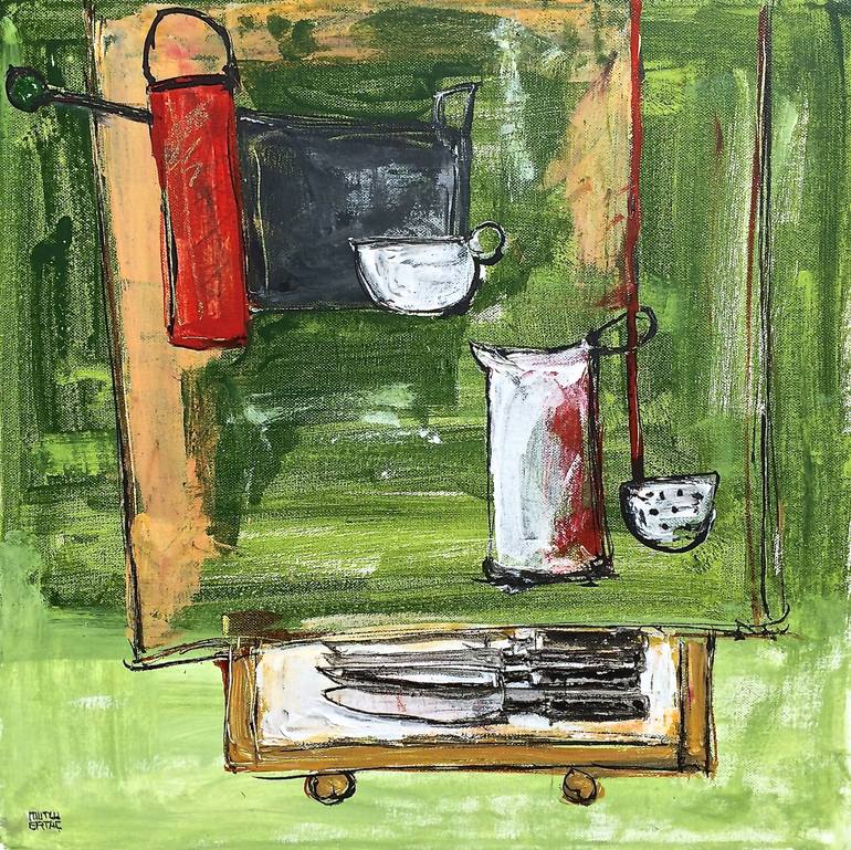 Knives and Ladle, Acrylic and Ink on Canvas