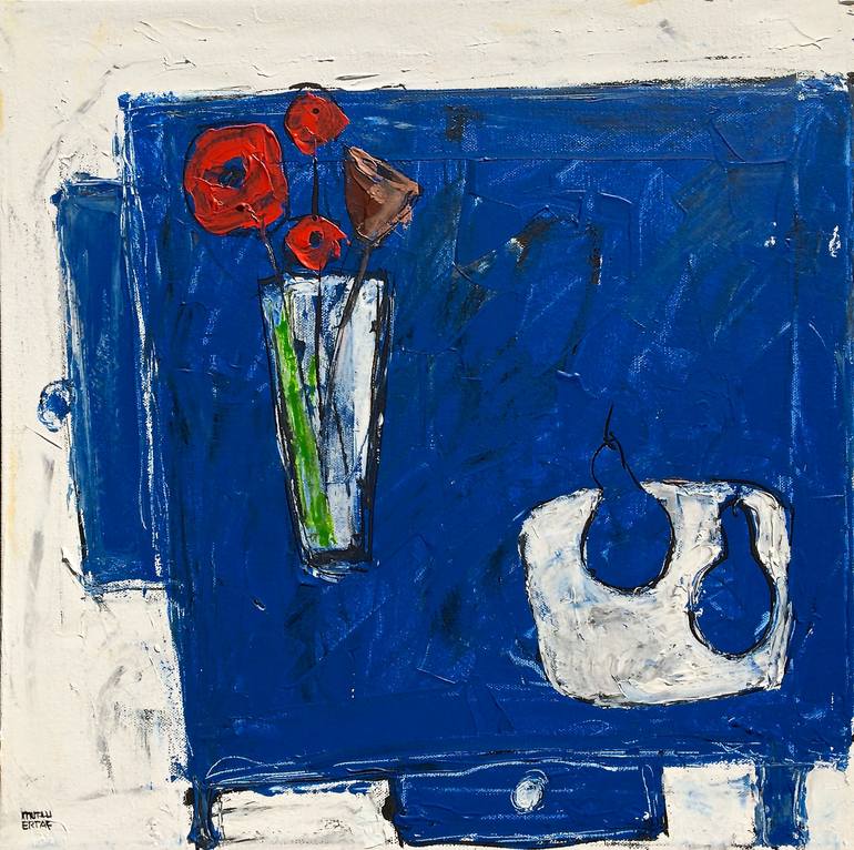 Flowers on Blue Table, Acrylic and Ink on Canvas