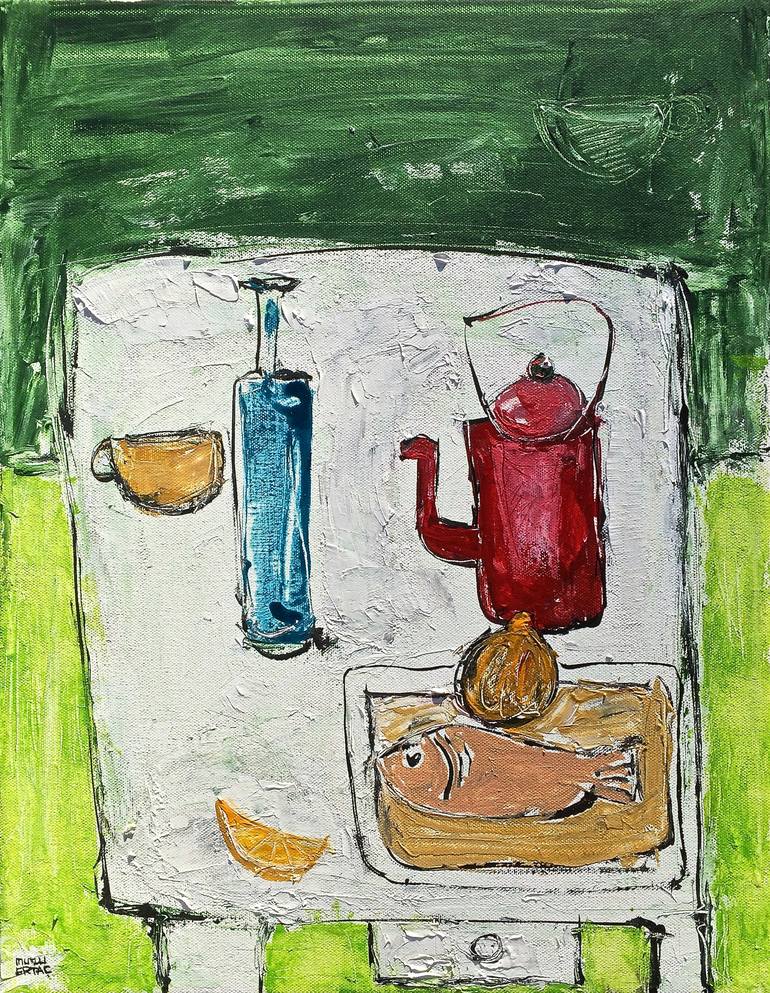 Fish, Onion and Lemon on Table, Acrylic and Ink on Canvas