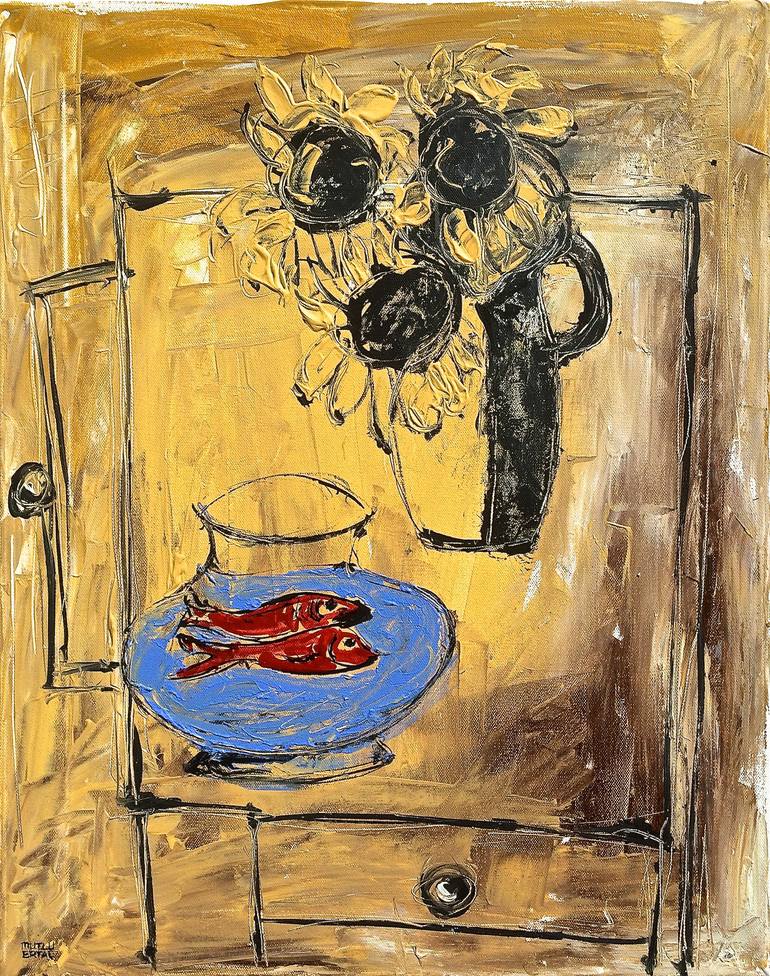 Bowl with Red Fish, Acrylic and Ink on Canvas
