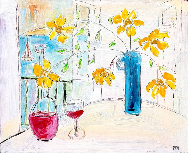 Yellow Flowers On Table by Window, Acrylic and Ink on Canvas
