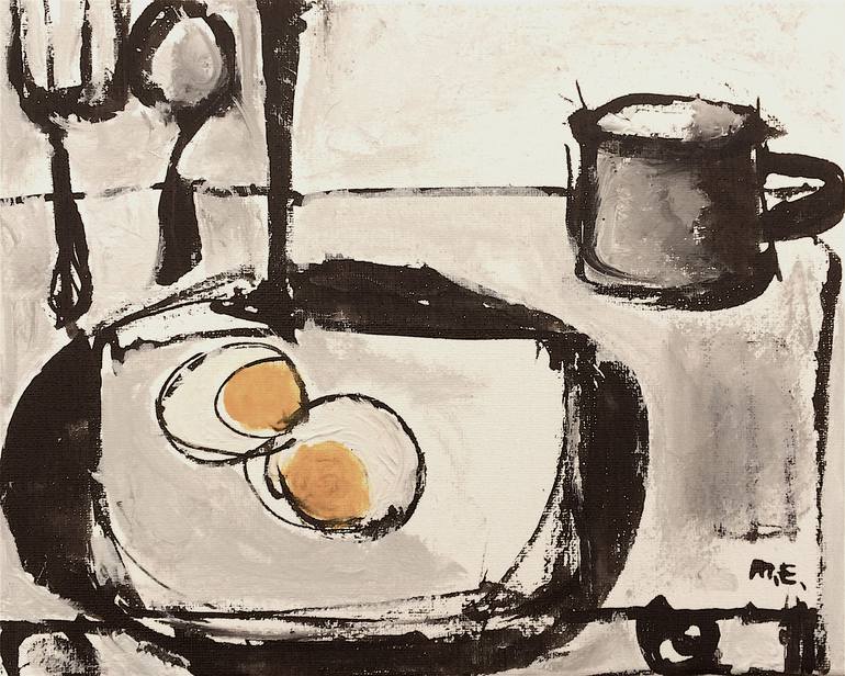 Eggs in Pan and Coffee, Ink and Acrylic on Canvas