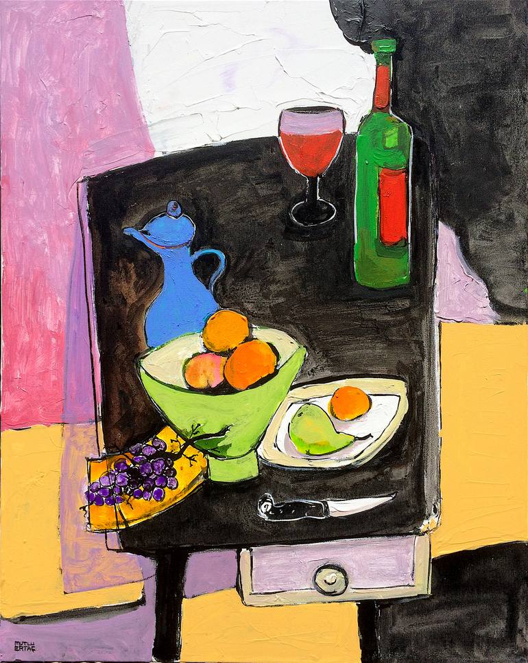 Still Life with Grapes, Pear, Oranges, Ink and Acrylic on Canvas