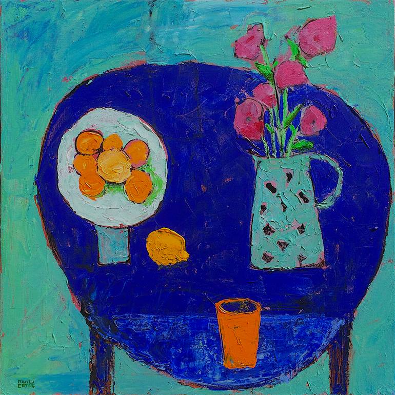 Still life with Flowers and Fruit on Blue Table, Acrylic and Ink on Canvas