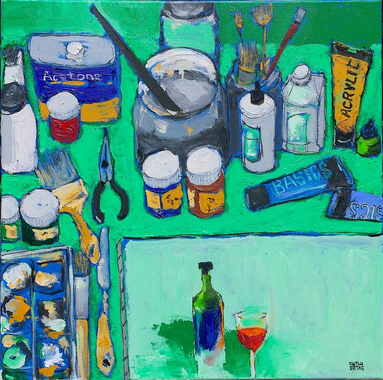 Starting a New Painting on Table, Acrylic and Ink on Canvas