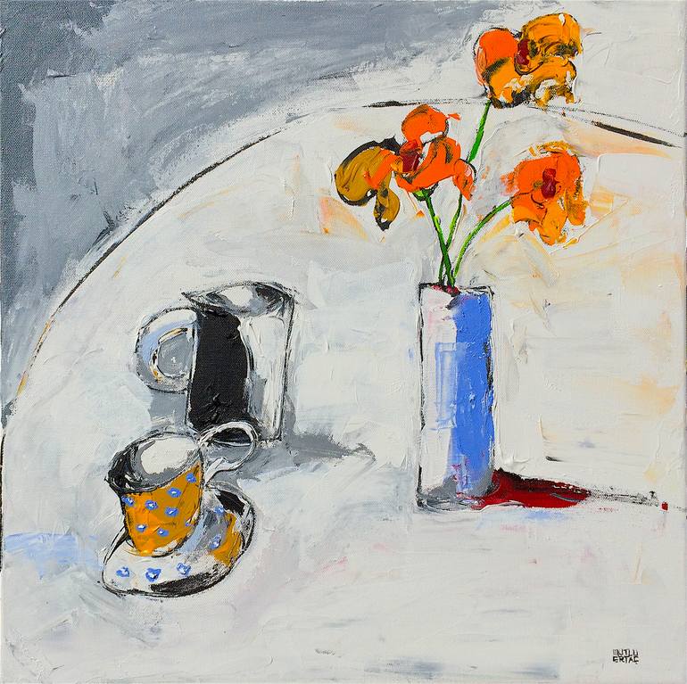 Yellow Flowers in Blue Vase and Cup on Table, Acrylic and Ink on Canvas