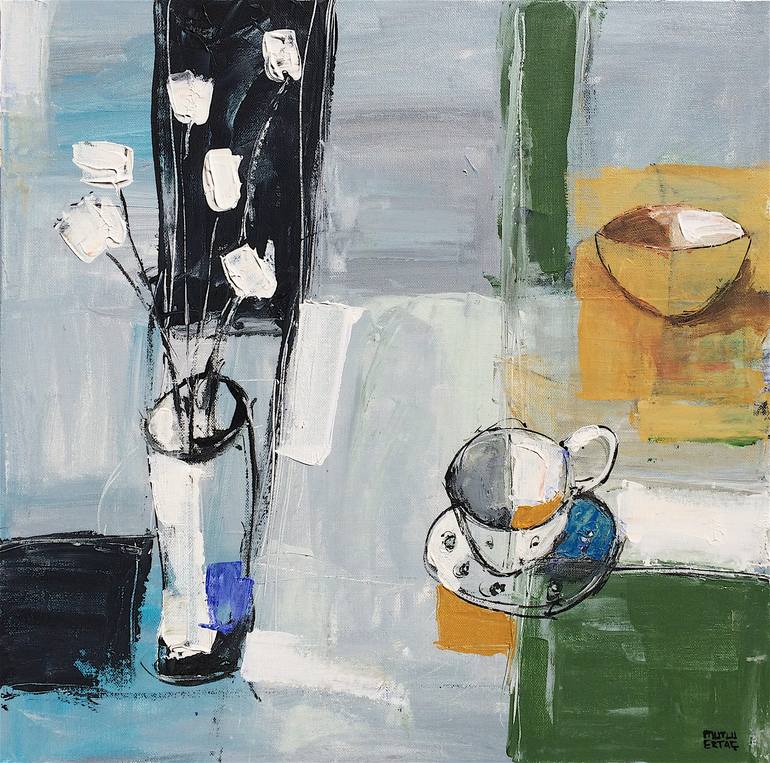 Flowers, Vase and Cups, Acrylic and Ink on Canvas