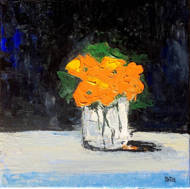 Orange Flowers, Acrylic and Ink on Canvas