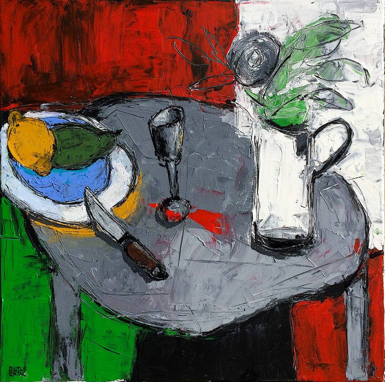 Still Life with Flower ,Fruit plate and Knife on Gray Table, Acrylic and Ink on Canvas