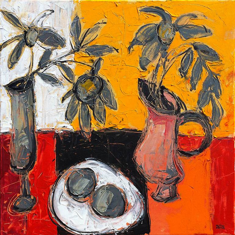 Two Vases with Flowers, Acrylic and Ink on Canvas