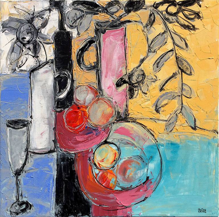 Plates of Fruits and Flowers on Table, Acrylic and Ink on Canvas