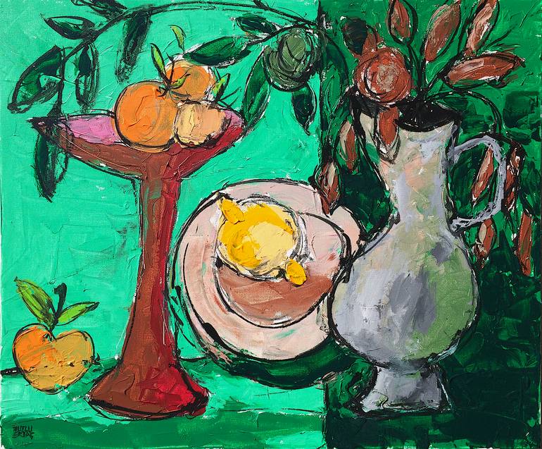 Still life with Fruits and Flowers on Green Background, Acrylic and Ink on Canvas