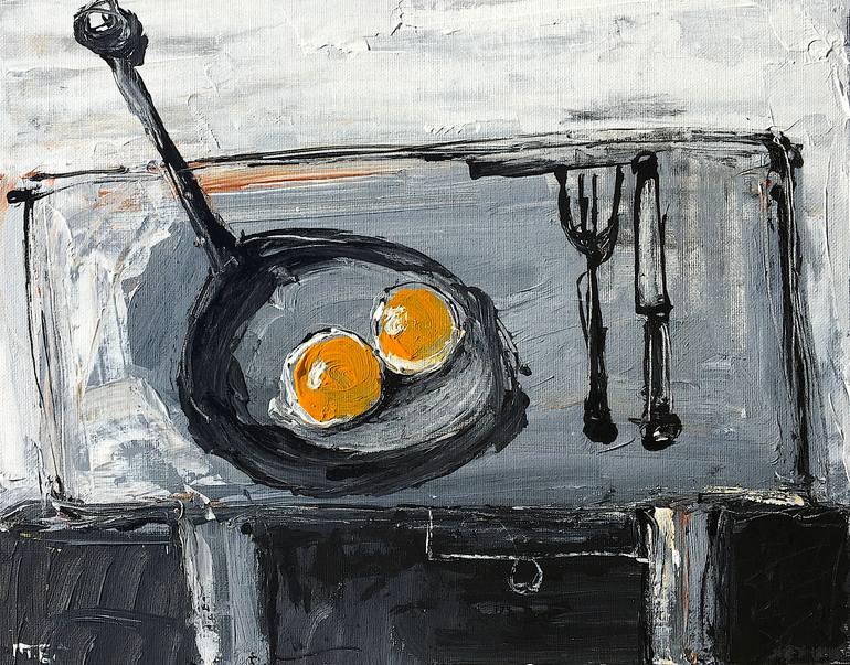 Two Eggs in a Frying Pan, Acrylic and Ink on Canvas