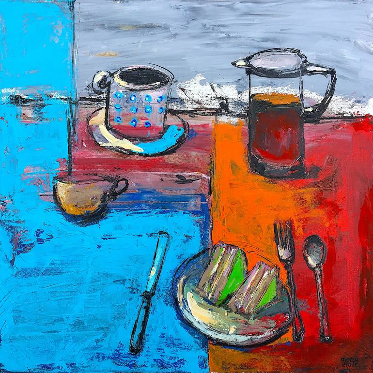 Coffee and Cake, Acrylic and Ink on Canvas