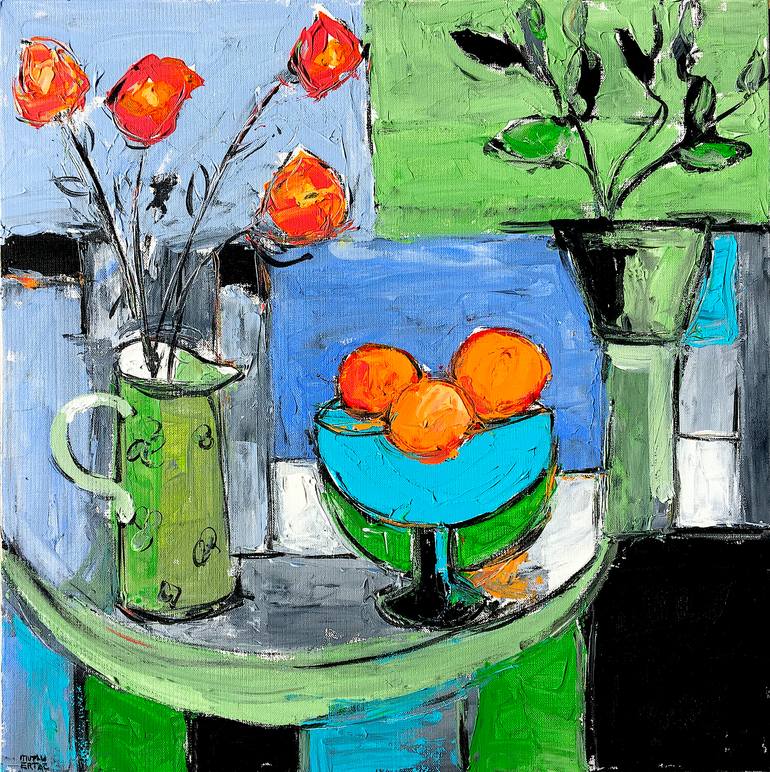 Flowers and Fruit on Table, Acrylic and Ink on Canvas