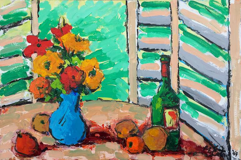 Flowers on Blue Vase and Wine Bottle on Table by Window, Acrylic on Canvas