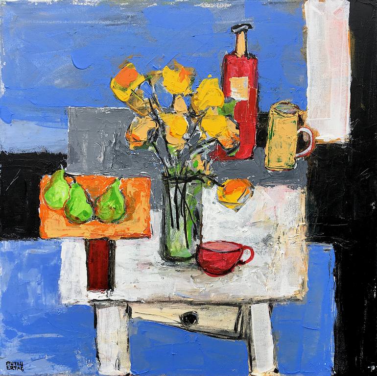 Red Bottle, Yellow Flowers and Pears on Table, Acrylic and Ink on Canvas