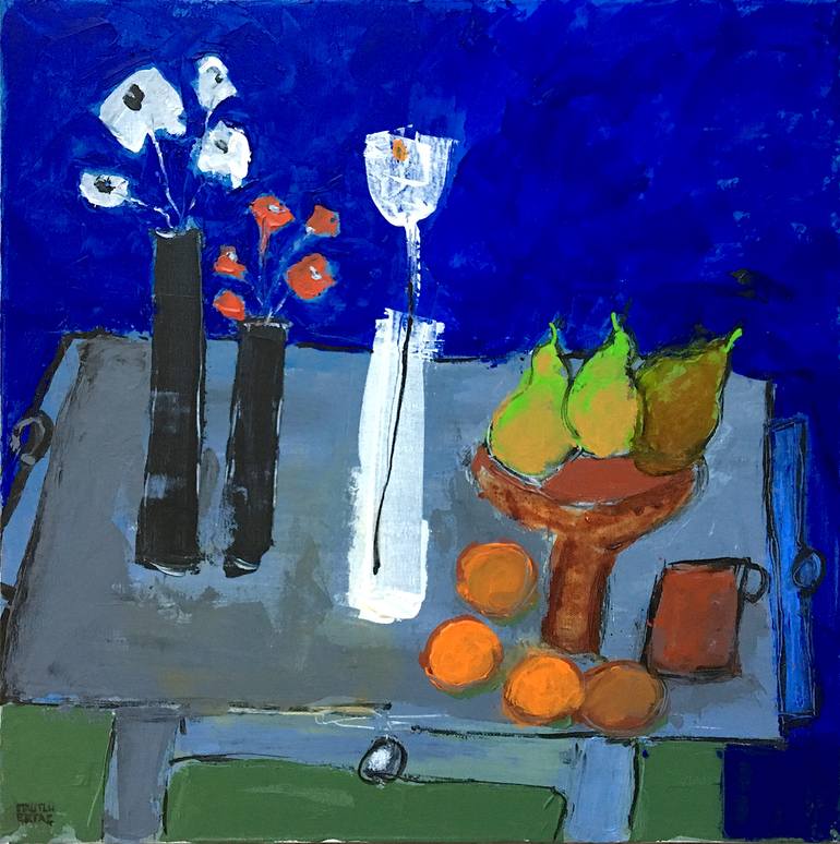 White and Red Flowers and Fruit on Table, Acrylic and Ink on Canvas