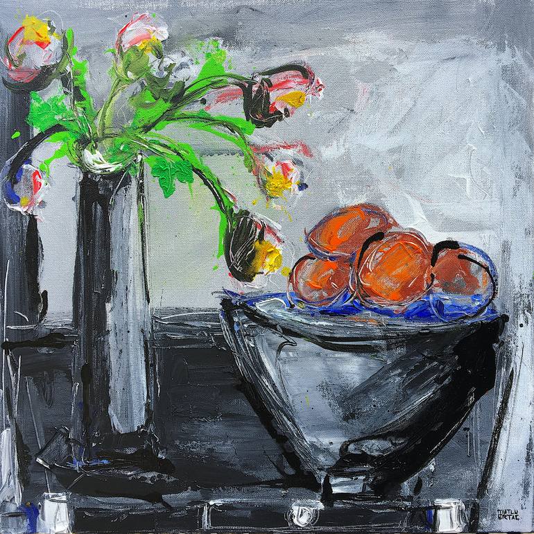 Bowl of Fruits  and Flowers in Vase on Table, Acrylic and Ink on Canvas