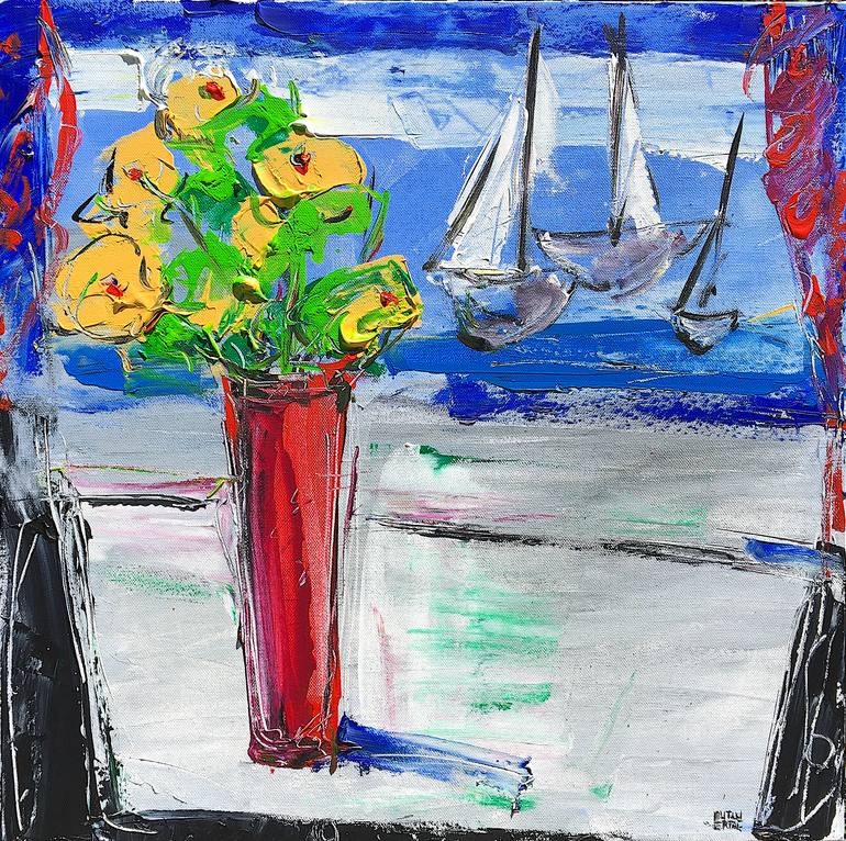 Sailboats by the Window and Flowers on Vase, Acrylic and Ink on Canvas