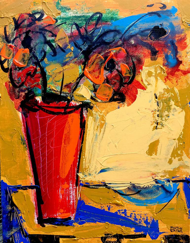 Red Vase with Flowers, Acrylic and Ink on Canvas