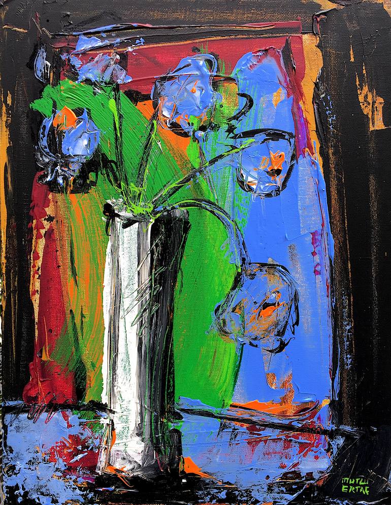 Still Life with Flowers in White Vase on Blue Background, Acrylic and Ink on Canvas