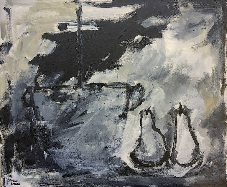 Two Pears and Pot, Acrylic and Ink on Canvas