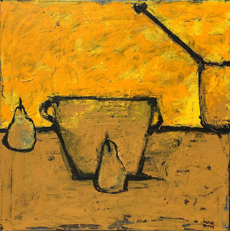 Pot and Pears, Acrylic and Ink on Canvas
