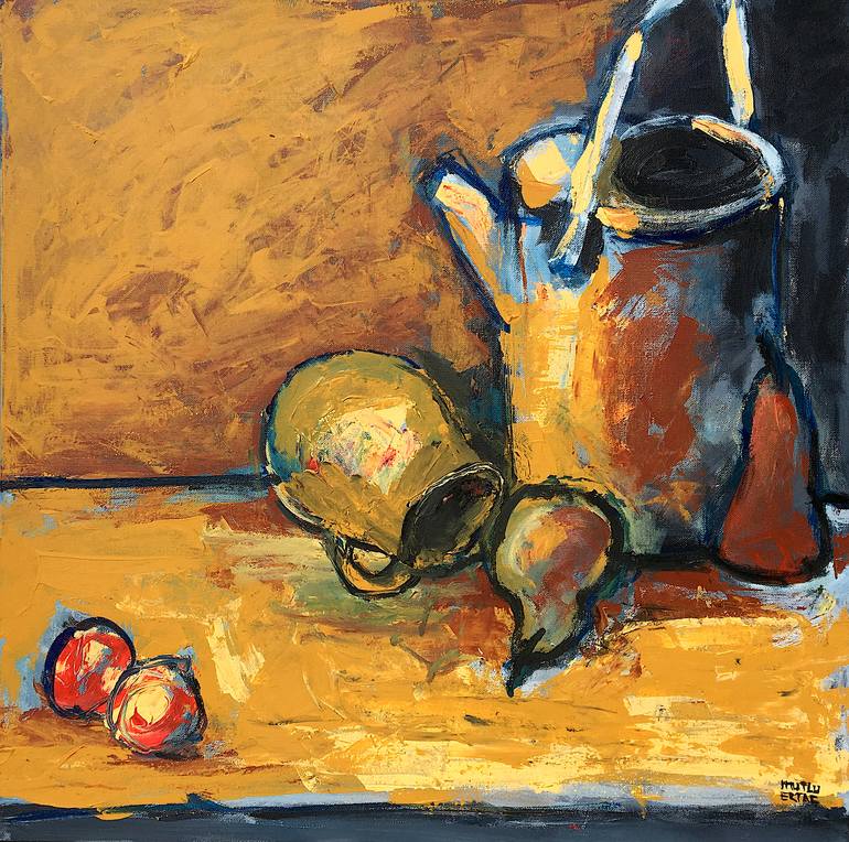 Jug and Pears, Acrylic and Ink on Canvas