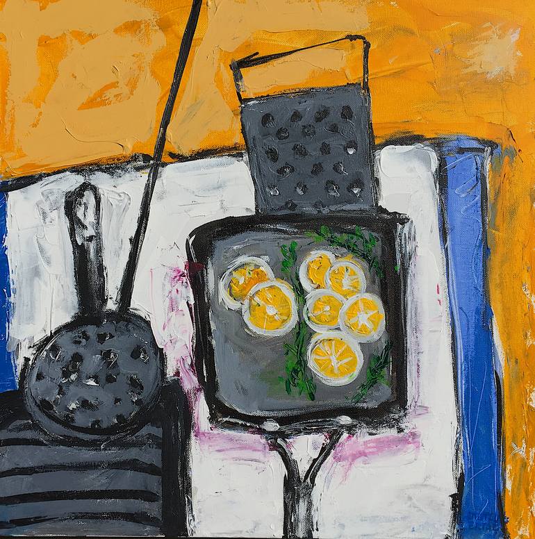 Pan and Grater, Acrylic and Ink on Canvas