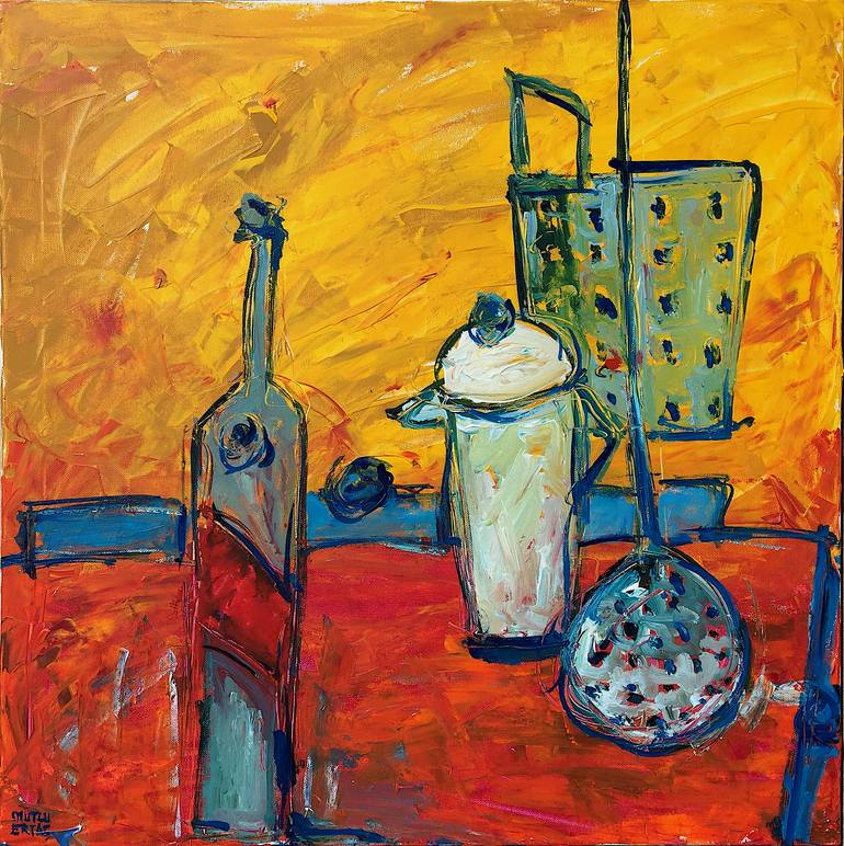 Bottle and Strainer on Red Table, Acrylic and Ink on Canvas