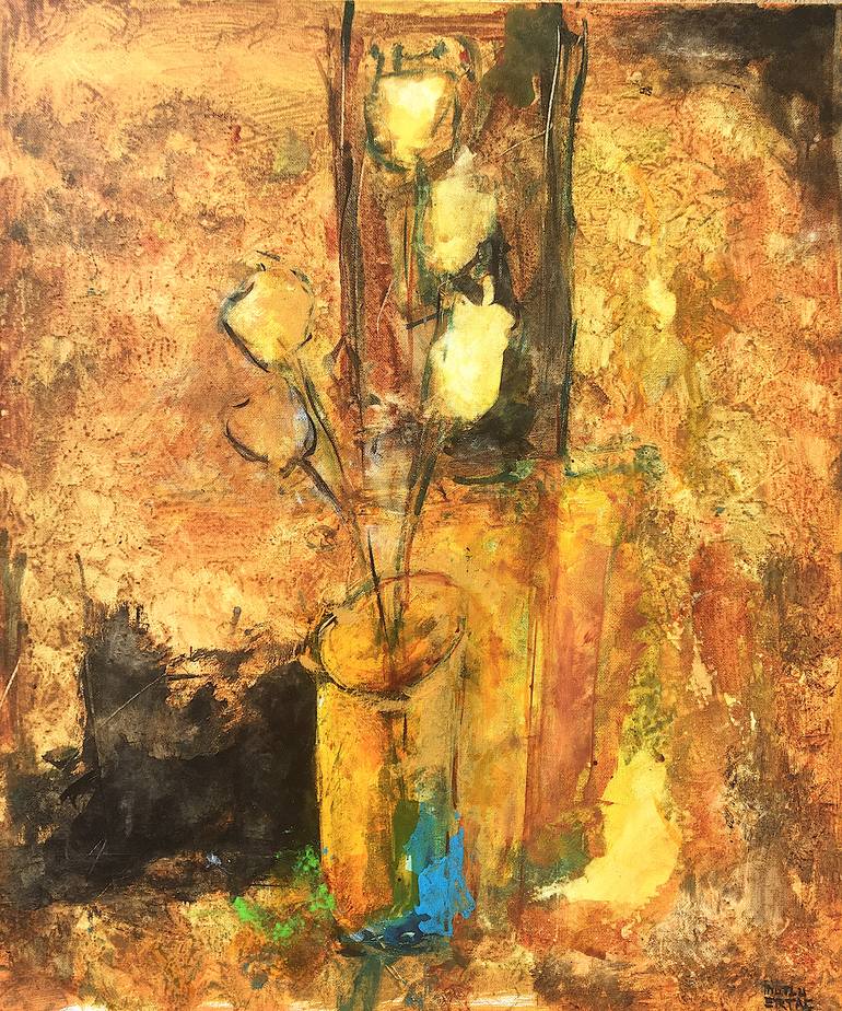 Flowers in Vase, Acrylic and Ink on Canvas