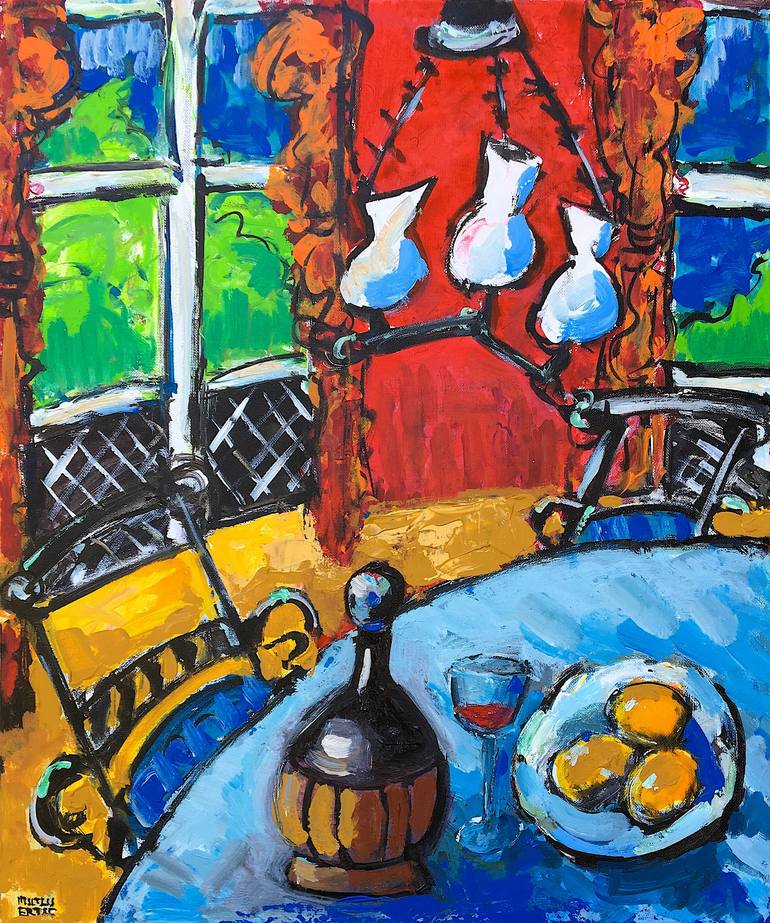 Dining Room looking at Garden, Acrylic and Ink on Canvas