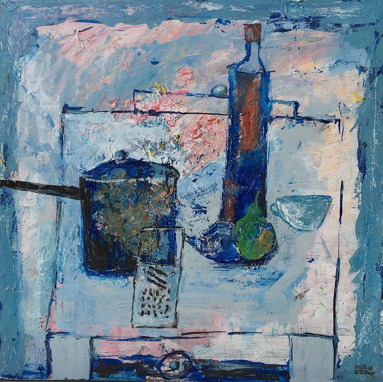 Table on Blue Background, Acrylic and Ink on Canvas