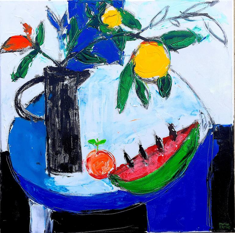 Watermelon on Blue Table, Acrylic and Ink on Canvas