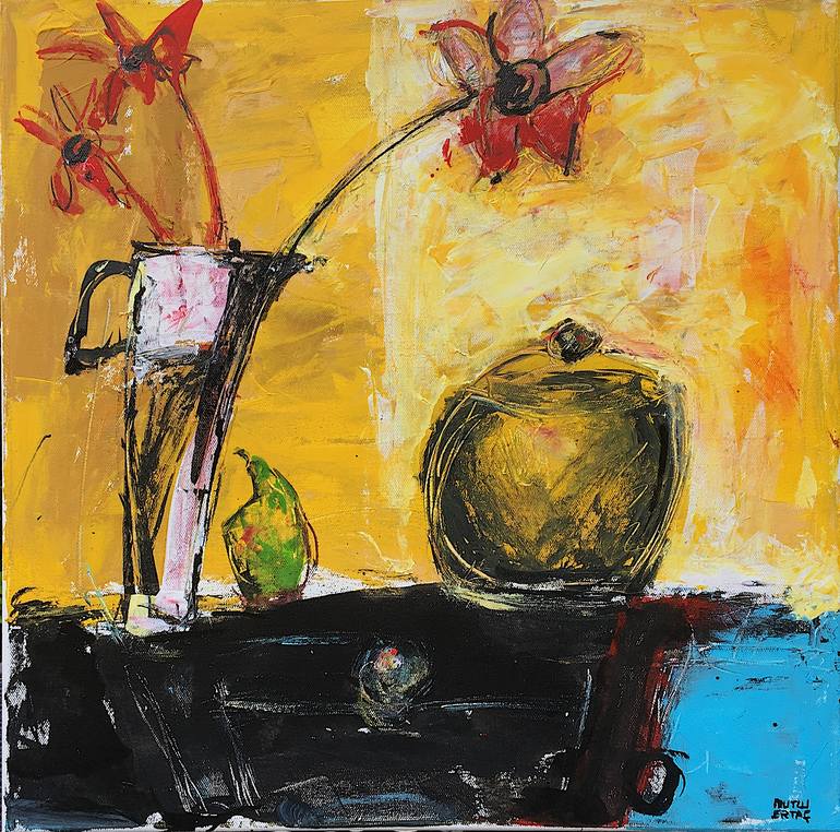 Still life with Bowl and Fruit, Acrylic and Ink on Canvas
