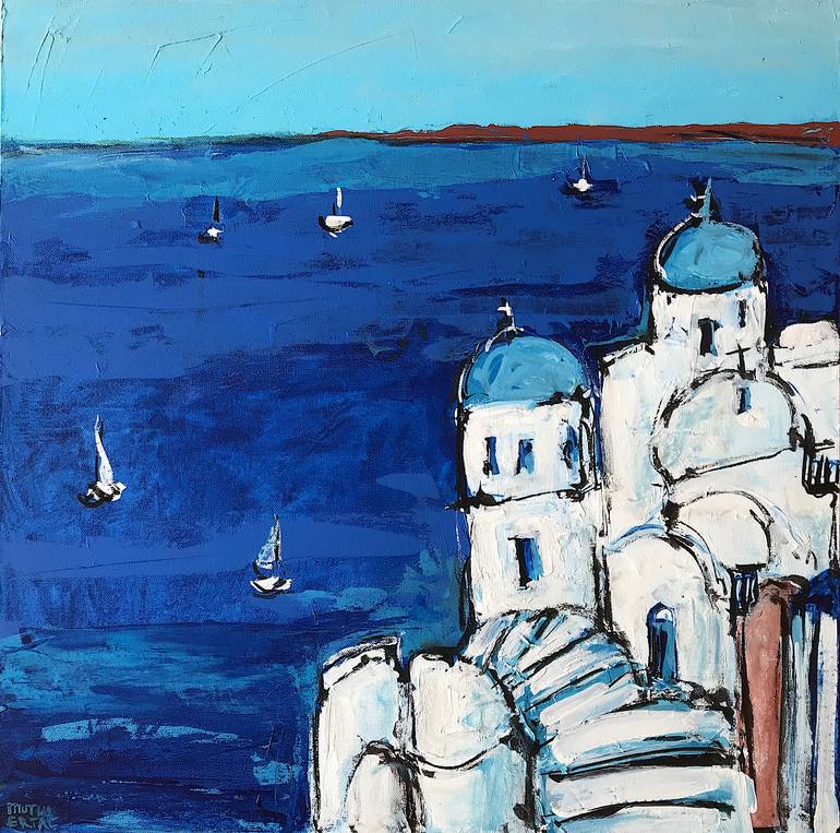 Mediterranean Waters and Sailboats, Acrylic and Ink on Canvas