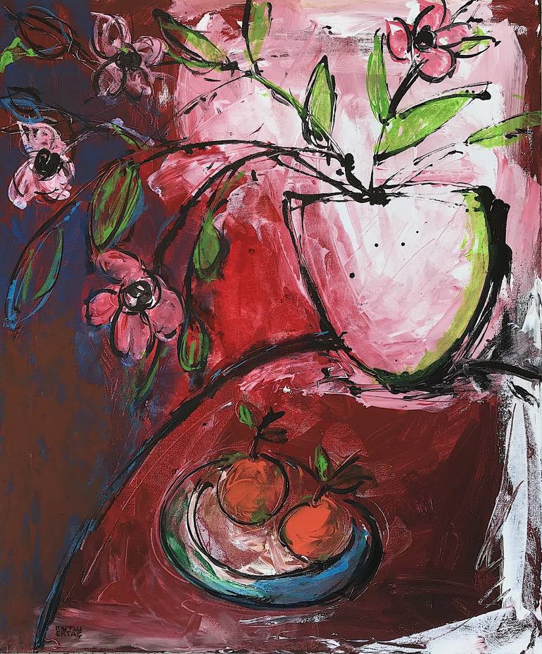Fruits on a Plate on Red Background, Acrylic and Ink on Canvas