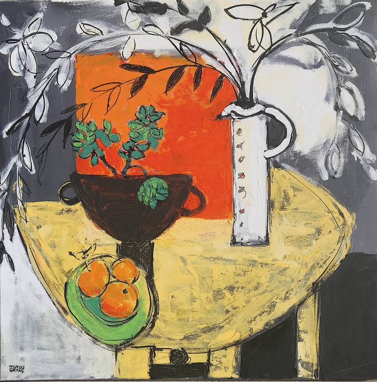 Still Life with Vases and Fruits on Yellow Table, Acrylic and Ink on Canvas
