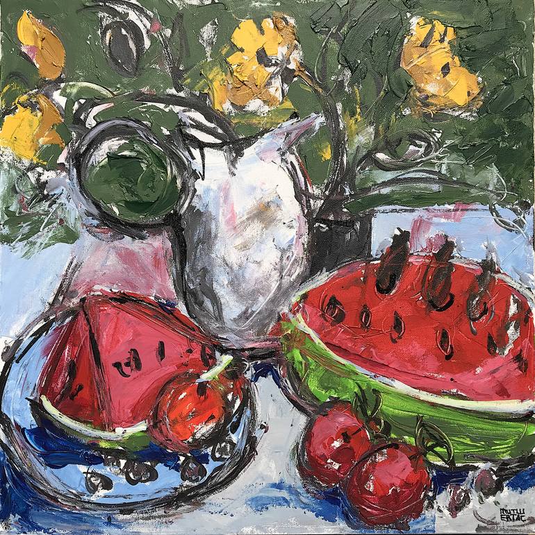 Watermelon, Fruit, and Flowers on Table, Acrylic and Ink on Canvas
