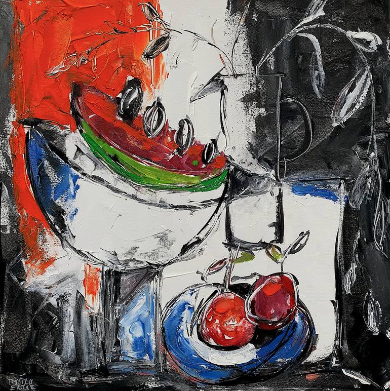 Still life with Watermelon, Vase and Fruit on Plate, Acrylic and Ink on Canvas