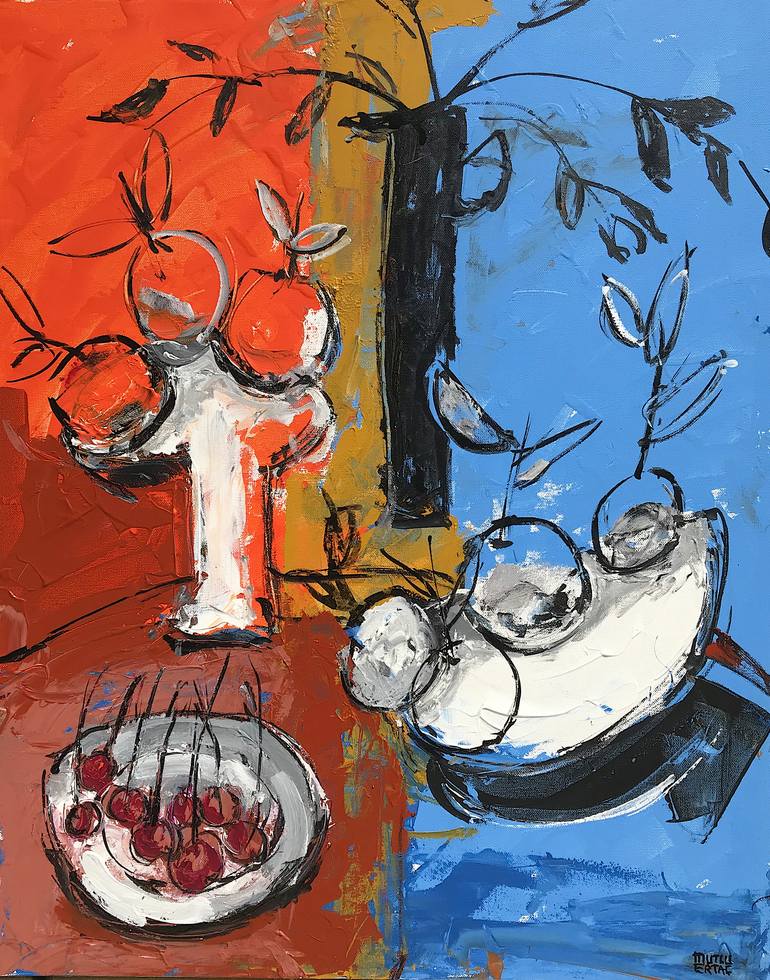 Cherries and Apples, Acrylic and Ink on Canvas