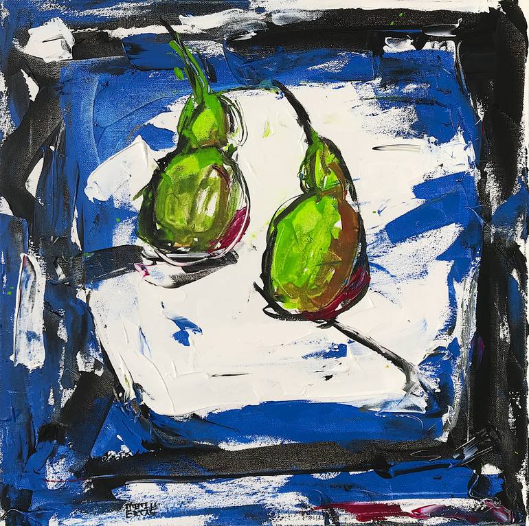 Two Pears on Blue, Acrylic and Ink on Canvas
