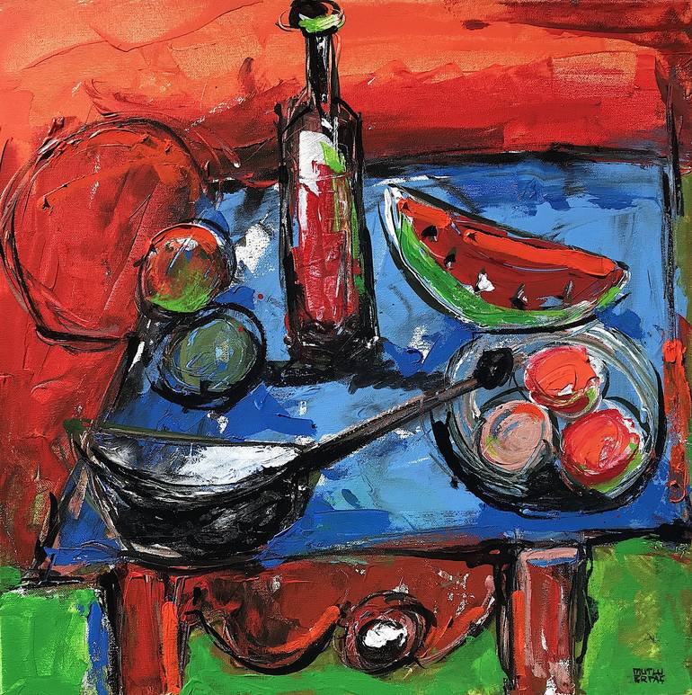 Fruits on Plate, Bottle and Pot on Table, Acrylic and Ink on Canvas