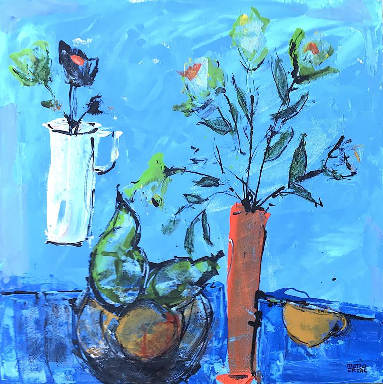 Orange Vase, Yellow cup, Acrylic and Ink on Canvas