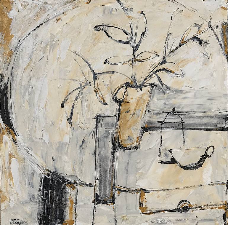 Vase , Pot , Flower on White Background, Acrylic and Ink on Canvas